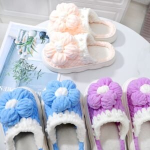 Puff Flower Crocheted Slippers with Yarn